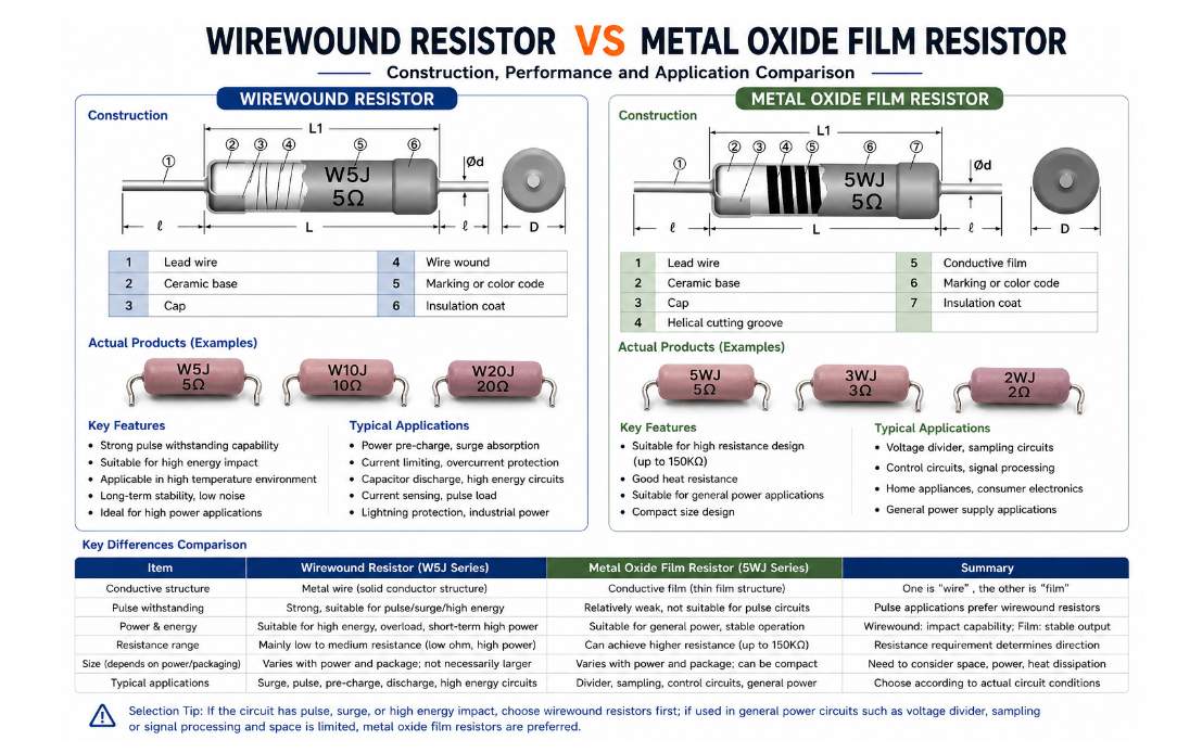 What Is the Difference Between Wirewound Resistors and Metal Oxide Film Resistors? A Clear Guide to Selection Logic and Application Scenarios 12 What Is the Difference Between Wirewound Resistors and Metal Oxide Film Resistors? A Clear Guide to Selection Logic and Application Scenarios